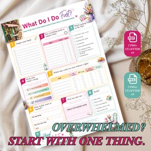 Mockup of the What Do I Do First? printable decision worksheet for overwhelm. ADHD-friendly productivity printable designed to help choose one task and start. Printable PDF for US Letter and A4, perfect for students, freelancers, entrepreneurs, parents, and anyone feeling overwhelmed by a long to-do list.