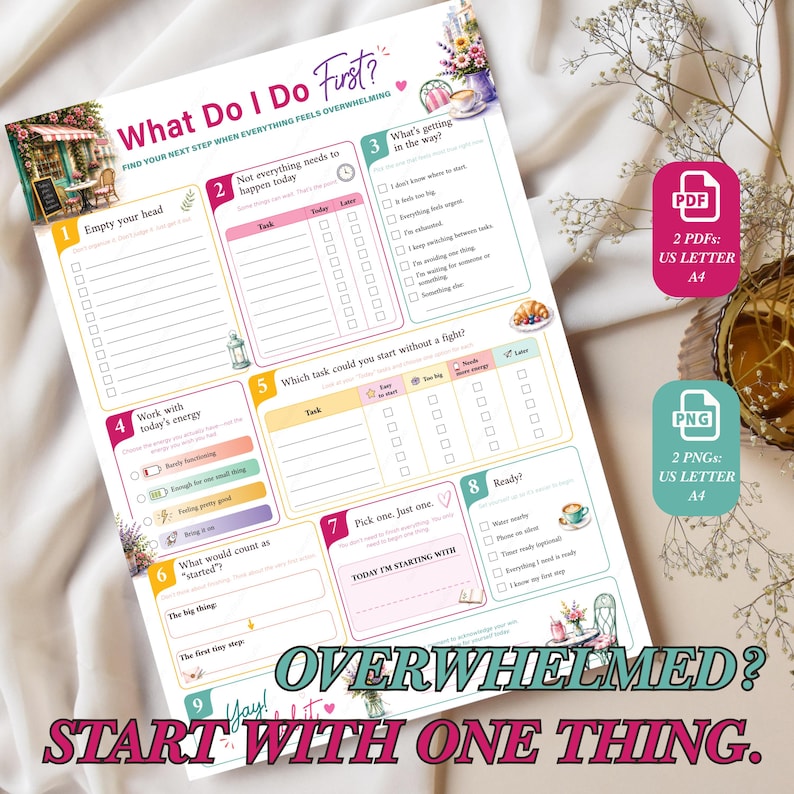 Mockup of the What Do I Do First? printable decision worksheet for overwhelm. ADHD-friendly productivity printable designed to help choose one task and start. Printable PDF for US Letter and A4, perfect for students, freelancers, entrepreneurs, parents, and anyone feeling overwhelmed by a long to-do list.