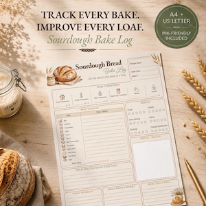 Könnte beinhalten: Ein gedrucktes Sauerteig-Backprotokoll-Blatt mit Abschnitten für Backbedingungen, Zeitplan, Ergebnisse und Notizen. Das Dokument enthält den Text TRACK EVERY BAKE. IMPROVE EVERY LOAF. SOURDOUGH BAKE LOG sowie Symbole für Temperatur und Wetter.