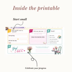 Detailed preview of the second half of the printable featuring first tiny step, choose one task, ready checklist, and completion section. Productivity worksheet for overcoming procrastination, organizing tasks, and building momentum one step at a time.