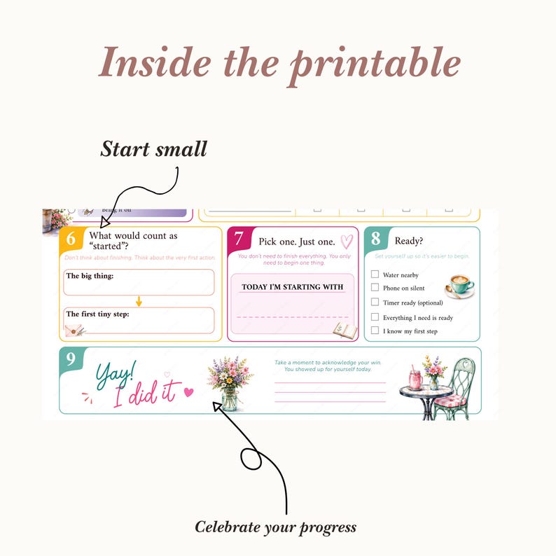 Detailed preview of the second half of the printable featuring first tiny step, choose one task, ready checklist, and completion section. Productivity worksheet for overcoming procrastination, organizing tasks, and building momentum one step at a time.