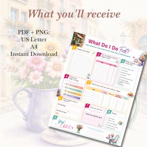 Instant download includes US Letter PDF, A4 PDF, White version, Watercolor Mist version, bonus watercolor background collection, and printable productivity worksheet. Digital download for task management, focus, planning, and overcoming overwhelm.