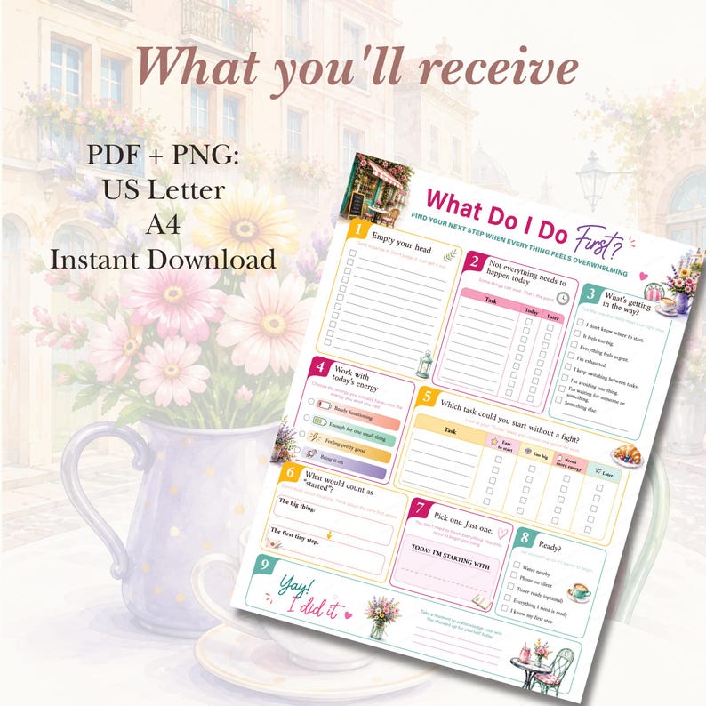 Instant download includes US Letter PDF, A4 PDF, White version, Watercolor Mist version, bonus watercolor background collection, and printable productivity worksheet. Digital download for task management, focus, planning, and overcoming overwhelm.