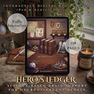 Puede incluir: Una tableta digital que muestra un planificador de juegos de rol interactivo titulado Hero's Ledger, con 228 páginas. La pantalla presenta una interfaz de fantasía con ilustraciones de libros, cofres, pociones y un mapa, optimizada para iPad.