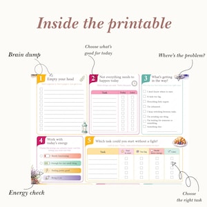 Close-up preview of the printable worksheet pages including brain dump, task prioritization, energy check, and decision-making sections. Minimal colorful printable planner designed to reduce overwhelm and help users start one manageable task.