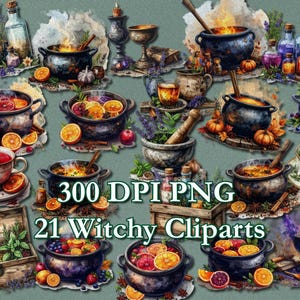May include: A digital illustration featuring various witchy cliparts. The image includes cauldrons with bubbling potions, cups of tea, bottles, and a wooden chest filled with herbs. Oranges, berries, and spices are scattered throughout the scene. Text reads "300 DPI PNG" and "21 Witchy Cliparts."