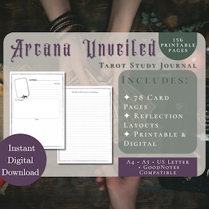 Tarotdagboek en werkboek: afdrukbare en digitale pdf van 156+ pagina's | Bestudeer 78 kaarten | Bonus Rider-Waite-png-deck | A4 A5 US Letter digitale pdf