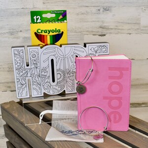 May include: A pink journal with the word "hope" embossed on the cover, a silver bracelet with a charm that says "Today I Choose Joy", a box of Crayola crayons, and a wooden "hope" sign with a coloring book design.