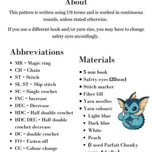 May include: A crochet pattern guide titled "Before you start" with a list of abbreviations and materials. The materials include a 5 mm hook, safety eyes (20mm), stitch marker, fiber fill, yarn needles, and yarn colours: light blue, dark blue, white, and peach.