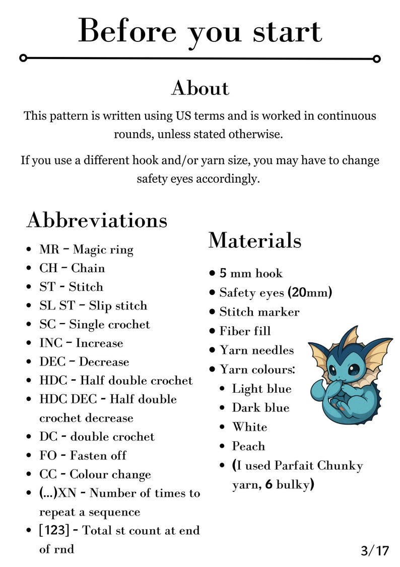 May include: A crochet pattern guide titled "Before you start" with a list of abbreviations and materials. The materials include a 5 mm hook, safety eyes (20mm), stitch marker, fiber fill, yarn needles, and yarn colours: light blue, dark blue, white, and peach.