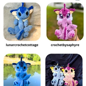 May include: Four crocheted plush toys are displayed, featuring blue, pink, and purple colours. The toys have large eyes and detailed features. The text "Tester Appreciation!" is at the top. The image also includes the usernames of the creators.