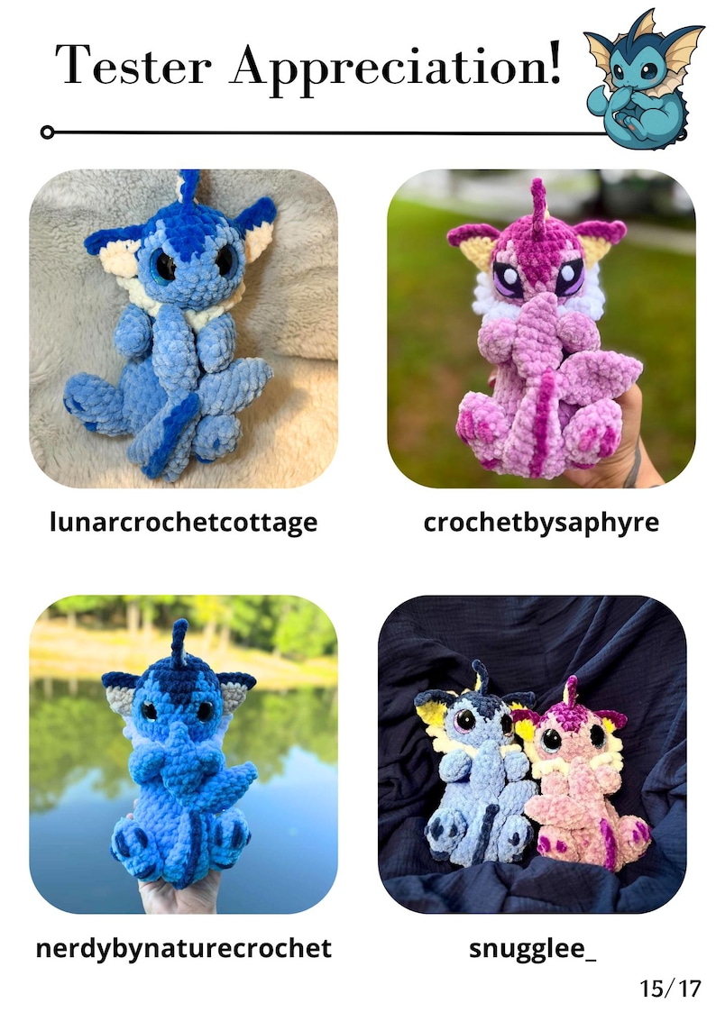May include: Four crocheted plush toys are displayed, featuring blue, pink, and purple colours. The toys have large eyes and detailed features. The text "Tester Appreciation!" is at the top. The image also includes the usernames of the creators.