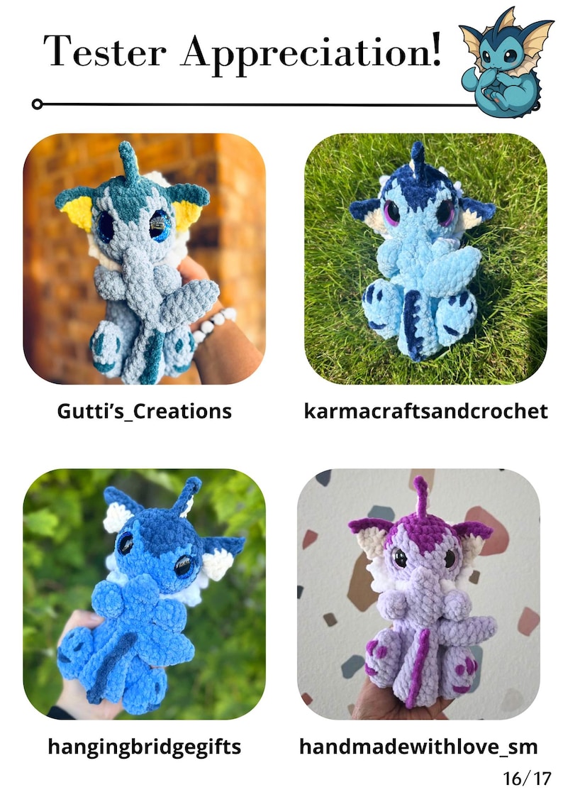 May include: Image showing four handmade crochet creatures in shades of blue, purple, and white. Each creature has large eyes and unique features. The text "Tester Appreciation!" is at the top.
