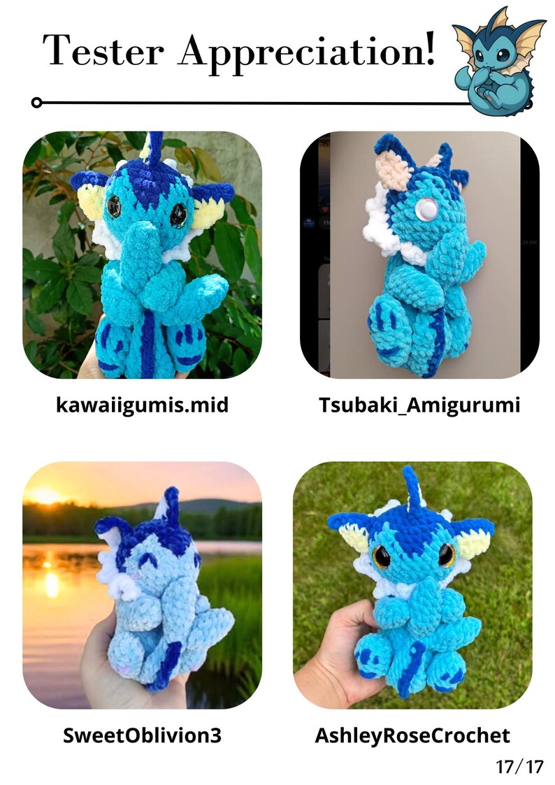 May include: Four images of crocheted aquatic creature plush toys in shades of blue and white. Each toy has large eyes and fins. The text "Tester Appreciation!" is at the top of the image.