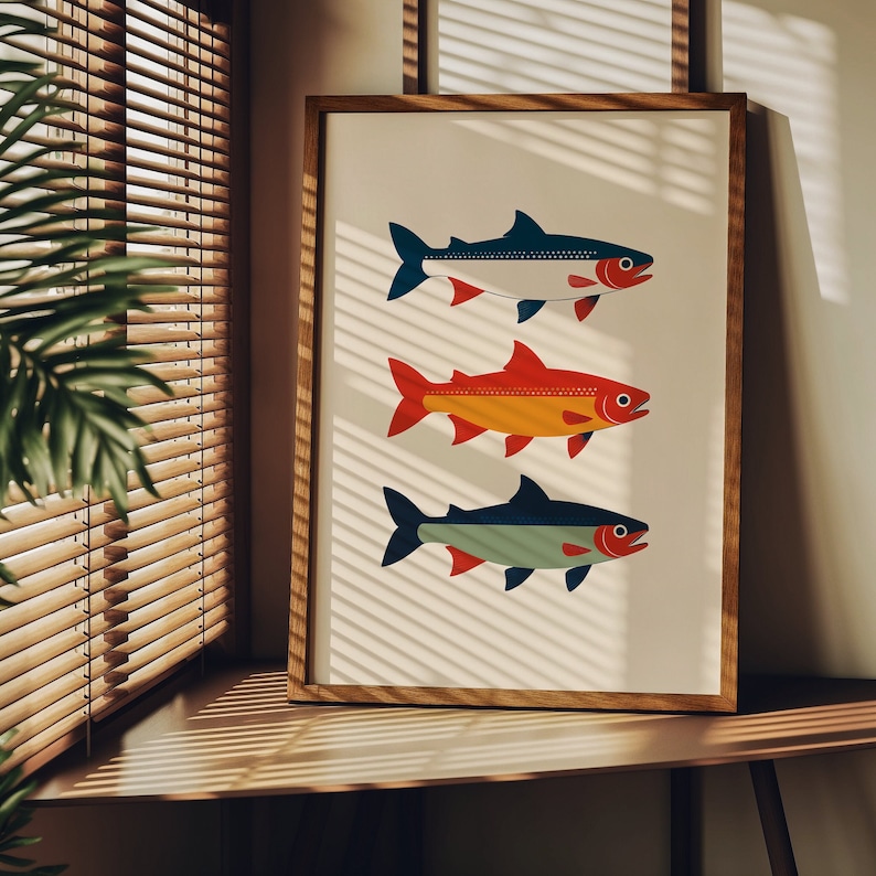 Retro Minimalist Trout Print Bauhaus Fish Print Angler Wall Art Digital