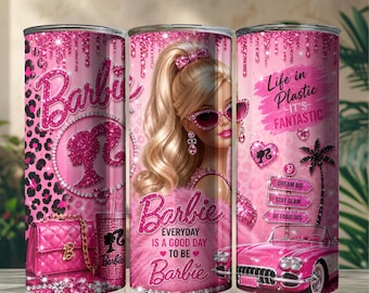 Adesivo per bicchiere Barbie Glam PNG | Design a sublimazione con glitter rosa | Adesivo per bicchiere Fashion Doll Skinny | Download digitale Glam