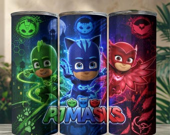 PJ Heroes Tumbler Wrap PNG | Design per sublimazione con supereroi per bambini | Adesivo colorato per bicchiere con cartoni animati | Design per bicchiere sottile da 20 oz