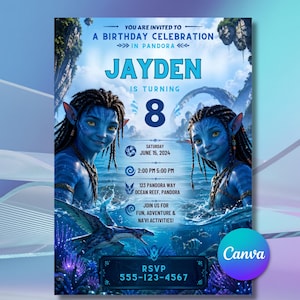 Peut inclure: Une invitation d'anniversaire sur le thème d'Avatar, avec deux personnages bleus. L'invitation est pour "JAYDEN" qui fête ses 8 ans. Les détails incluent la date, l'heure et le lieu de la fête. Le design utilise une palette de couleurs bleues et des images inspirées du film Avatar.