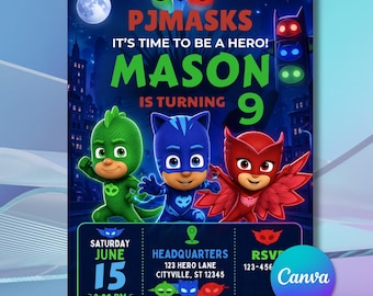 Night Hero Birthday Invitation Template, Editable Canva Kids Party Invite, Pajama Hero Theme Birthday Invite, Printable Digital Download