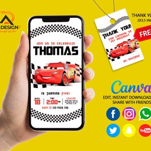 Cars Birthday Invitation | Kids Birthday Mobile Invite | Lightning McQueen Evite, Editable Personalized Canva Printable Digital Invitation