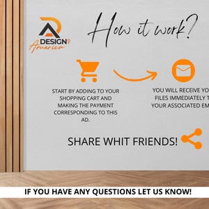 May include: A white background with a graphic showing how to purchase digital files. The graphic includes a shopping cart, an email icon, and an arrow. The text reads "How it work?" "Start by adding to your shopping cart and making the payment corresponding to this ad." "You will receive your files immediately to your associated email." "Share with friends!" "If you have any questions let us know!"
