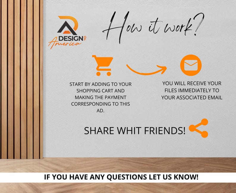 May include: A white background with a graphic showing how to purchase digital files. The graphic includes a shopping cart, an email icon, and an arrow. The text reads "How it work?" "Start by adding to your shopping cart and making the payment corresponding to this ad." "You will receive your files immediately to your associated email." "Share with friends!" "If you have any questions let us know!"