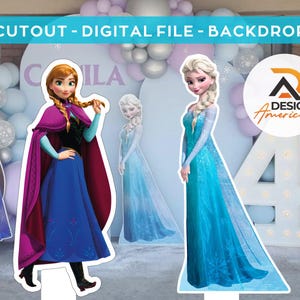 Könnte beinhalten: Ausschnitt-Digitaldatei-Hintergrund mit Anna und Elsa aus Frozen. Anna trägt ein blaues Kleid mit einem lila Umhang, während Elsa ein blaues Kleid trägt. Der Hintergrund umfasst Ballons und die Zahl 4.