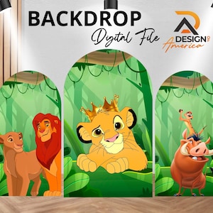 May include: A digital backdrop featuring a jungle scene with a lion, lioness, Simba, Pumbaa, and Timon. The backdrop is ideal for a Lion King themed party.
