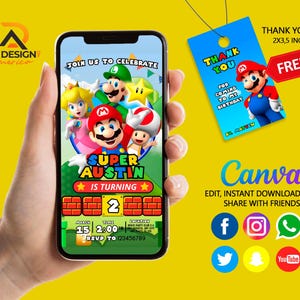 Puede incluir: Una invitación digital para una fiesta de cumpleaños con temática de Super Mario. La invitación presenta una ilustración colorida de Mario, Luigi, Peach y Toad. El texto de la invitación dice "Únete a nosotros para celebrar a Super Austin que cumple 2 años".