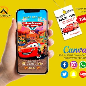 Cars Birthday Invitation | Kids Birthday Mobile Invite | Lightning McQueen Evite, Editable Personalized Canva Printable Digital Invitation