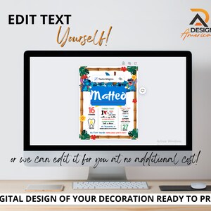 Op de afbeelding: Een digitaal ontwerp van een verjaardagsplakat met een cartoonfiguur met blauwe vacht en een rode neus. De poster is versierd met tropische bladeren en bloemen. De tekst op de poster luidt "Texto M&aacute;gico" en "Matteo".