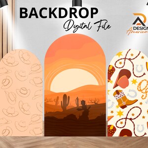 May include: A digital backdrop with three arched panels. The left panel features a pattern of brown cowboy hats on a peach background. The center panel shows a sunset over a desert landscape with cacti silhouettes. The right panel has a white background with a pattern of brown cowboy hats, boots, horseshoes, and stars.