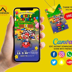 Puede incluir: Una invitación digital para una fiesta de cumpleaños con temática de Super Mario Kart. La invitación presenta una imagen de dibujos animados de Mario conduciendo un kart en una pista de carreras. El texto de la invitación dice: "Únete a nosotros para celebrar Super Austin. Está alcanzando el nivel 3. 15 de marzo, 2:00 PM. Space Party Club CA. Cualquier dirección, cualquier ciudad. RSVP al 123456789".