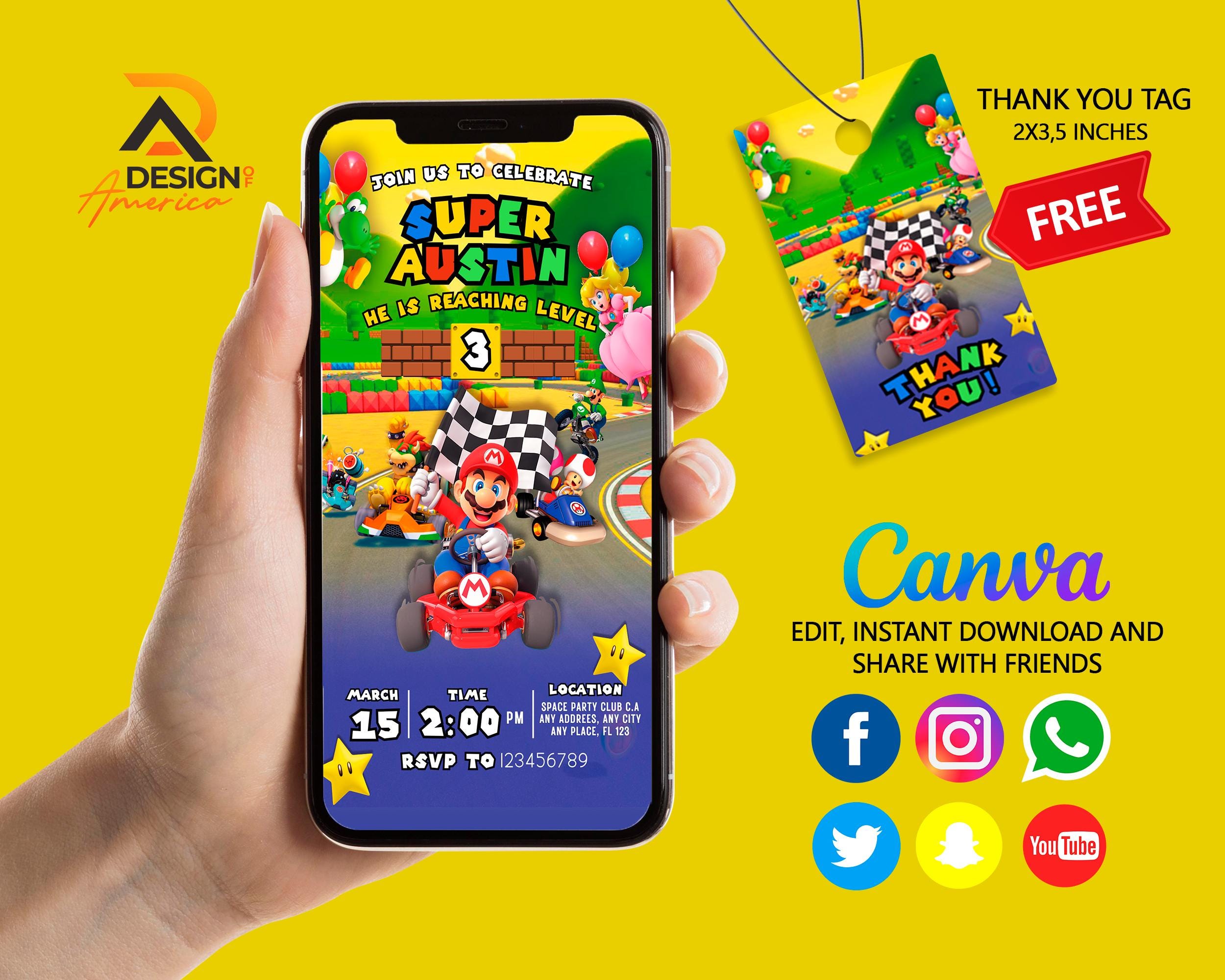 Mario Kart Birthday Invitation | Kids Birthday Mobile Invite | Super Mario Evite, Editable Personalized Canva Printable Digital Invitation