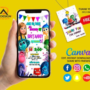 Pode incluir: Um convite digital para uma festa de aniversário com personagens do filme Divertida Mente. O convite é para o 5º aniversário de Brittany. O convite inclui a data, a hora e o local da festa. O convite também inclui um número de telefone para confirmar sua presença.