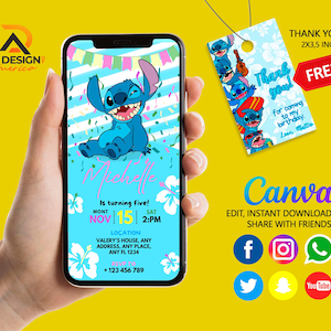 Editable Mobile Stitch 626 Birthday Invitation Template, Birthday Party Invitations, Digital Kids Party Invite, Instant Download, Stitch