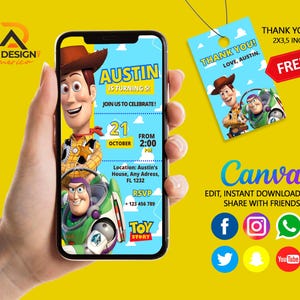 Modelo de convite de aniversário editável para celular Toystory, convites para festa de aniversário, convite digital para festa infantil, download instantâneo, Toy Story