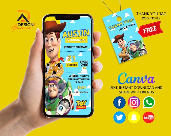 Editable Mobile Toystory  Birthday Invitation Template, Birthday Party Invitations, Digital Kids Party Invite, Instant Download, Toy story