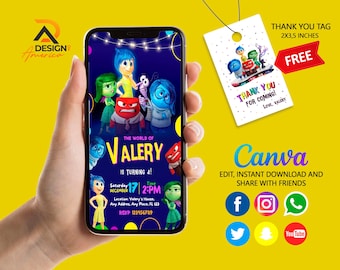 Editable Mobile inside out Birthday Invitation Template, Birthday Party Invitations, Digital Kids Party Invite, Instant Download, Inside out