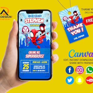 Puede incluir: Una invitación digital azul y roja para una fiesta de cumpleaños con temática de superhéroes. La invitación presenta una imagen de dibujos animados de Spider-Man y otros superhéroes. El texto de la invitación dice: «Únete a nosotros para celebrar el 4º cumpleaños de Stephen, ¡Llamada a todos los superhéroes! Sábado, 25 de noviembre, de 16:00 a 18:00, Casa de Stephen, 123 Any Address, Any City, RSVP al 123 456 189 0». Se incluye una etiqueta de agradecimiento gratuita con la invitación. La etiqueta es azul y roja y presenta una imagen de dibujos animados de Spider-Man y el texto «¡Gracias! Con cariño, Stephen».
