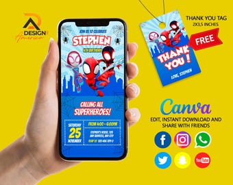 Editable Mobile Spide - Birthday Invitation Template, Birthday Party Invitations, Digital Kids Party Invite, Instant Download, Spide friends