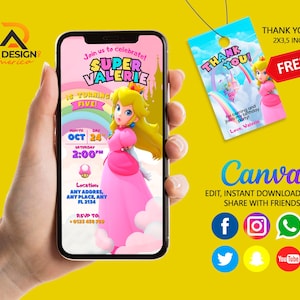Super Peach Geburtstags-Digitaleinladung, Super Mario Bros, Prinzessin Peach Mobile Einladung, Prinzessin Peach Geburtstagseinladung, digitale Vorlage