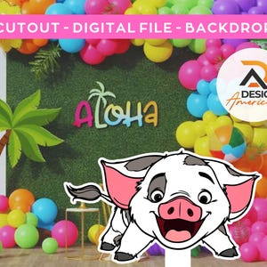 Puede incluir: Un archivo digital para un recorte de un cerdo de dibujos animados con una nariz y orejas rosas. El cerdo está de pie sobre un fondo de hierba verde con una palmera y un cartel que dice "Aloha".