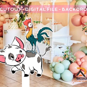 Puede incluir: Un archivo digital recortado de un cerdo blanco con un gallo en la espalda. El cerdo tiene orejas rosadas y una mancha marrón en la espalda. El gallo es verde y tiene una cresta roja. El recorte está sobre un fondo de globos pastel.