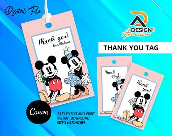 Editable Minnie and Mickey Birthday Favor Tag | Printable Birthday Gift Tag | Kids party Template | Canva | Instant Download