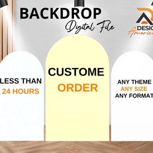 Puede incluir: Un servicio de diseño de telón de fondo digital con tres plantillas en forma de arco. La plantilla del medio es amarilla y dice "CUSTOM ORDER". La plantilla de la izquierda es blanca y dice "LESS THAN 24 HOURS". La plantilla de la derecha es blanca y dice "ANY THEME ANY SIZE ANY FORMAT".