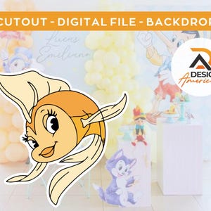 Puede incluir: Un recorte de un pez dorado de dibujos animados con escamas naranja y amarillas y un contorno blanco. El pez dorado tiene ojos grandes, una boca pequeña y una aleta en la espalda. El recorte está sobre un fondo blanco.