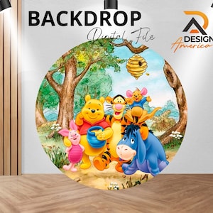 Round Winnie the Pooh Theme Kids Photography Backdrop Winnie the Pooh Decoration Circle Backdrop Birthday Party  Custom Background