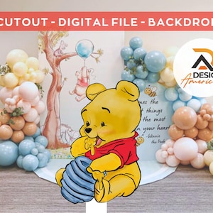 May include: A Winnie the Pooh cutout with a honey pot, surrounded by a balloon arch with pastel blue, beige, and yellow balloons. The balloon arch is decorated with greenery and a quote from Winnie the Pooh: "Sometimes the smallest things take up the most room in your heart."