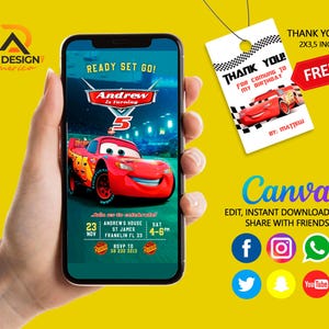 Cars Birthday Invitation | Kids Birthday Mobile Invite | Lightning McQueen Evite, Editable Personalized Canva Printable Digital Invitation